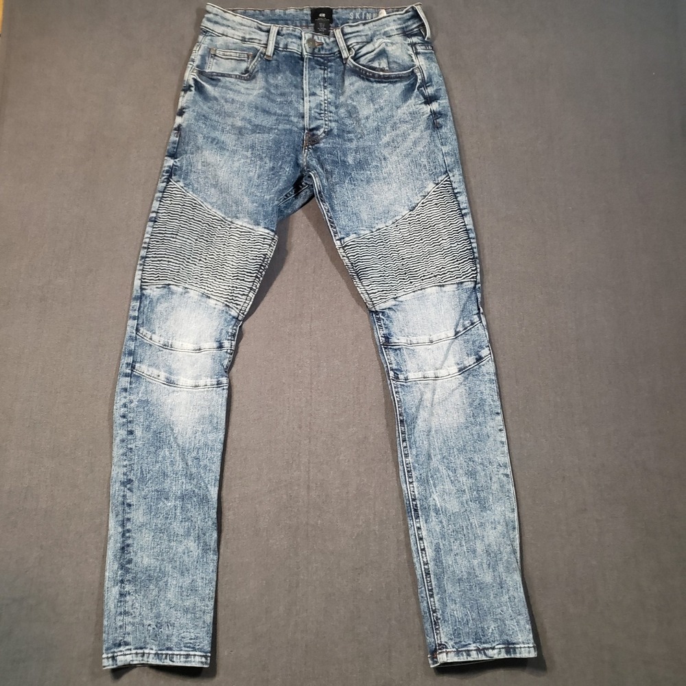 H&M Skinny‎ Moto Jeans Mens 32 Blue Acid Wash Biker Ribbed Paneling Button Fly